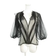 トプカピ TOPKAPI EFOLE チュールメッシュ シャツ ブラウス F 黒 ブラック シアー素材 Vネック フリル パフスリーブ 七分袖 /AH30 ■GY58