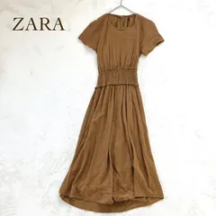 ザラ ロング丈ワンピース　半袖　ウエストシャーリング （S相当） ナチュラル フレア リネン混　シンプル　無地