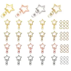 【在庫セール】星 ナスカン キーホルダー金具 24個セット 回転カン付き 丸カン付き ワンタッチキーホルダー カワイイ DIY用パーツ 手作り 手芸用品 ハンドメイド キーリング アクセサリー 全長42mm(4色)