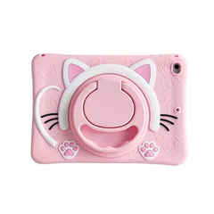 CrazyLemon 適用 iPad 10.2インチ ケース iPad 第9/8/7世代 2021/2020/2019年 ケース 360度回転 リング付き 縦置き 横置き スタンド機能 付き 可愛い 白い 猫の耳 デザイン 薄型 軽量 ピンク ソフト シリコー