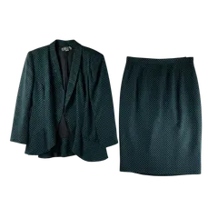 レマロン remalon セットアップ ジャケット スカート スーツ 水玉 柄模様 肩パッド 裏地付き 緑 黒系 989933