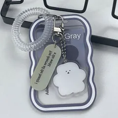 グレー カードホルダー トレカケース 推し活 ウェーブ 雲 チャーム付き パスケース 定期入れ IDカードホルダー コイルストラップ付 縦型 透明 クリア かわいい おしゃれ 韓国 雑貨 プレゼント ギフト