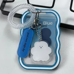 ブルー カードホルダー トレカケース 推し活 ウェーブ 雲 チャーム付き パスケース 定期入れ IDカードホルダー コイルストラップ付 縦型 透明 クリア かわいい おしゃれ 韓国 雑貨 プレゼント ギフト