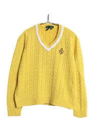【お得なクーポン配布中!】 00s ローレン ラルフローレン Vネック コットン ケーブル ニット セーター レディース M オールド チルデン タイプ ワンポイント きれいめ 