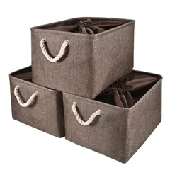 【 限定】STVICTORY 収納バスケット 収納かご 3個セット 40×30×24cm 無臭 巾着 取っ手付き オシャレな収納ボックス ランドリーバスケット ストレージバスケット 布 洗濯かご インテリア雑貨 衣類 小物収納 引き出し 折り畳み式 綿麻製 防