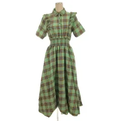 ジュエティ jouetie チェック ロング ワンピース 半袖 フリル グリーン系 M 260109E ■FF