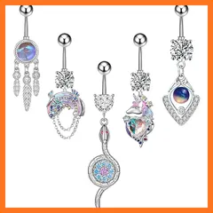 【新品】 へそピアス 14G バナナバーベル ボディピアス 可愛い: ドリームキャッチャー 虹 蛇 軟骨ピアス オパール ステンレス キラキラ へそピ チェーン おしゃれ ジルコン ピンク ブルー シルバー 5点セット - レディース ファッション アクセ 0