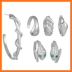 【新品】 蛇にピアス フープ フェイク ピアス イヤリング: スネーク イヤカーフ リングピアス 6点セット ジルコニア 誕生石 緑目 可愛い ボディピアス 麻紐 動物 アクセサリー-ステンレス 軟骨 個性的 穴なし つけっぱなし シルバー 1