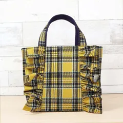 フリル付き 持ち手切り替え マスタード イエロー ピーターマッカーサー タータンチェック マチあり ポケット付き ミニトートバッグ ランチバッグ サブバッグ ミニバッグ ハンドメイド
