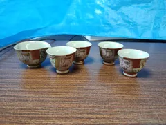 Uﾒ397【自宅保管品】京清水焼　梅山堂製　茶道具セット（湯冷まし、茶碗4個）/煎茶道具/和歌柄？/梅柄/工芸品/陶器/陶芸/食器/京都