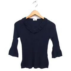 オールドイングランド OLD ENGLAND フリル Vネック ニット セーター リネン混 リブ ストレッチ 七分袖 36 紺 ネイビー /NT12