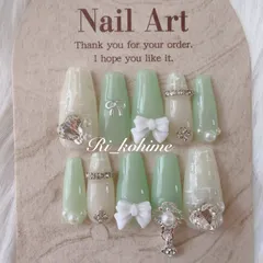 ネイルチップ　現品　フレンチガーリー　ちゅるん　ニュアンス　バレエコア　ワンホン　韓国　メンカラ　推しネイル　y2k  夢かわ　ツイード　バレエコア　エメラルドグリーン　緑　メンカラ　パステル