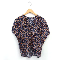 グローバルワーク GLOBAL WORK シャツ ブラウス 花柄 ノーカラー ラグランスリーブ 半袖 M ブラック オレンジ 黒 /TT