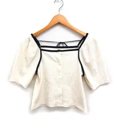 ワンアフター アナザー ナイスクラップ one after another NICE CLAUP スクエアネック リブ ニット 半袖 リボン 配色 F アイボリー 白 /FT2