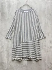 ADAM ET ROPE' アダムエロペ 日本製 五分袖 ストライプ 切替 ロングTシャツ チュニック sizeL/グレー×白 ■◆レディース