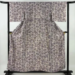 小紋 身丈157cm 裄丈63cm S 袷 更紗 蝶 ちりめん 灰紫 正絹 優品 【中古】