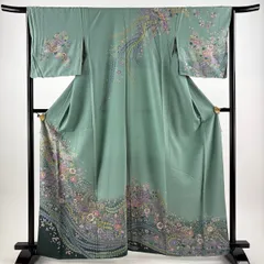 訪問着 身丈164cm 裄丈65cm M 袷 辻ヶ花柄 松皮菱 金彩 ぼかし 灰緑 正絹 秀品 【中古】