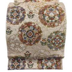 【美品】 袋帯 秀品 華文 向かい鳥 箔 金銀糸 ベージュ 六通 正絹 【中古】