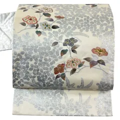 【美品】 名古屋帯 秀品 椿 萩 刺繍 金糸 クリーム 正絹 【中古】