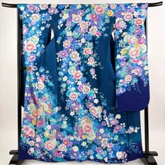 【美品】 振袖 身丈166cm 裄丈67cm M 袷 御所車 牡丹 金通し 金糸 青緑 正絹 逸品 【中古】