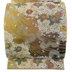 【美品】 袋帯 秀品 桜 桜の花びら 金糸 箔 山吹茶色 六通 正絹 【中古】