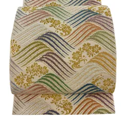【美品】 袋帯 名品 波 桜 金糸 唐織 クリーム 六通 正絹 【中古】