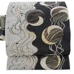 【美品】 名古屋帯 名品 波 桜 箔 黒灰 正絹 【中古】