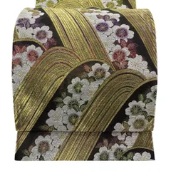 【美品】 袋帯 秀品 桜 幾何学 金糸 箔 金色 六通 正絹 【中古】