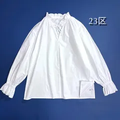 cX12 新品 23区 2023SS フリル襟 ラッフルカラー バンドカラー ブラウス シャツ 綿 コットン リボン ボウタイ ホワイト 白 ニジュウサンク