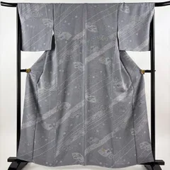 小紋 身丈160.5cm 裄丈67cm M 袷 松井青々 落款 扇面 草花 灰色 正絹 逸品 【中古】