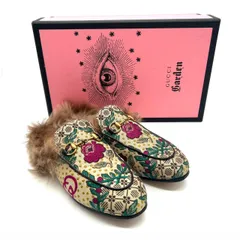 GUCCI　グッチ　ホースビット　サンダル　37　ローファー　183752　刺繍　ファー　フラワー　24cm　レディース　シューズ　靴