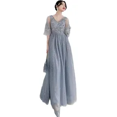 [EightSTAR Dress] ピアノ発表会 ドレス 大人 ロング丈 Aライン イブニング パーティードレス 二次会 演奏会 Vネック チュール レース マキシ スレンダーライン (M, スカイグレー) 0