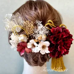 【卒業式 袴 髪飾り】ダークレッドダリア×林檎の花  和モダン 水引 成人式 振袖 花嫁和装 ドライフラワー