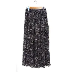 ナノユニバース nano universe 柄プリント 裾フレアスカート ロング マキシ丈 シフォン 36 ブラック 黒 /FT13