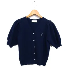 ラバンダ LAVANDA  Vネック クロップド カーディガン ニット リブ 刺繍 タック 五分袖 F 紺 ネイビー /NT32