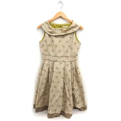 ロイスクレヨン Lois CRAYON リボン柄刺繍 タック フレア ワンピース ロールカラー ノースリーブ ひざ丈 綿 M ベージュ /FT30