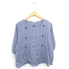 スタディオクリップ Studio Clip シャツ ブラウス ノーカラー 刺繡 薄手 綿 コットン 七分袖 ブルー 青 /TT