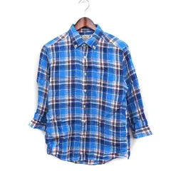 グリーンレーベルリラクシング ユナイテッドアローズ green label relaxing チェック ボタンダウン シャツ カジュアル 7分袖 リネン 麻 S ブルー 青 /FT28