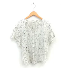 グローバルワーク GLOBAL WORK シャツ ブラウス バンドカラー 総柄 半袖 L アイボリー ブラック 黒 /TT