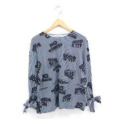 ザラ トラファルック ZARA Trafaluc カットソー Tシャツ ボートネック ストライプ 英字 リボン 薄手 長袖 L ネイビー ホワイト 紺 白 /TT