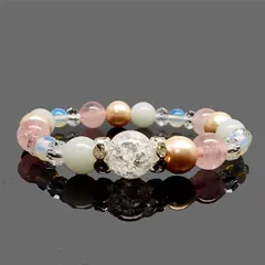 愛のお守り　天然石 クラック水晶 パール ローズクォーツ デザインブレスレット  商品管理番号：D1-67