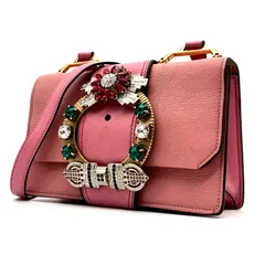 美品・希少 miumiu ミュウミュウ マドラス ショルダーバッグ クリスタル ビジュー フラップ 白タグあり 斜め掛け クロスボディ 光沢 ラメ 高級 レザー レディース ピンク