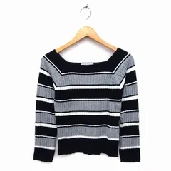 イーハイフンワールドギャラリー E HYPHEN WORLD GALLERY ニット セーター スクエアネック リブ ショート ボーダー 長袖 F 黒 ブラック /NT28