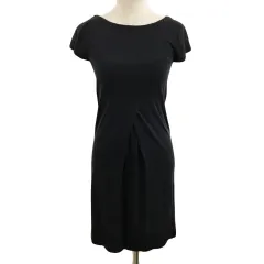 セオリー Theory ワンピース サマーニット Iライン 膝丈 プルオーバー ボートネック タック 無地 半袖 2 黒 ブラック