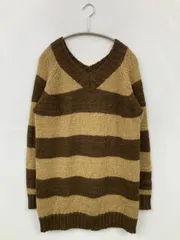 Livre claire ニット/セーター L ブラウン ウール・ニット ボーダー柄 ミドル丈 長袖 Vネック