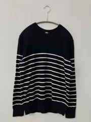 UNIQLO ニット/セーター S ネイビー コットン ウール・ニット ニット ボーダー柄 ブランドロゴ ミドル丈 長袖 クルーネック(丸首)