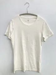 UNIQLO Tシャツ/カットソー M ホワイト 無地 ミドル丈 半袖 クルーネック(丸首)