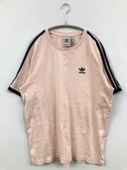 adidas Tシャツ/カットソー L ピンク 無地 ワンポイント ブランドロゴ ライン柄 ミドル丈 半袖 クルーネック(丸首)