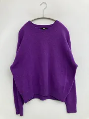 UNIQLO ニット/セーター L パープル ウール・ニット 無地 ミドル丈 長袖 クルーネック(丸首)