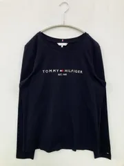 TOMMY HILFIGER Tシャツ/カットソー S ネイビー ブランドロゴ 刺繍 ミドル丈 長袖 クルーネック(丸首)